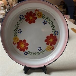 Floral Enamel Plate with Red and Yellow Flowers